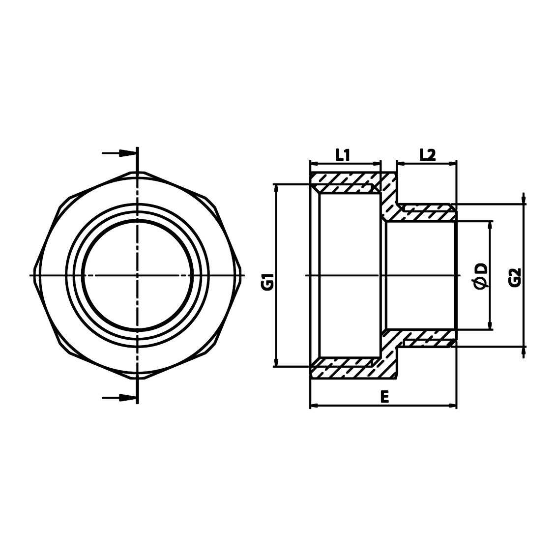 Dibujo técnico acotado: nipple reductor H/M de latón (ref. 1246)