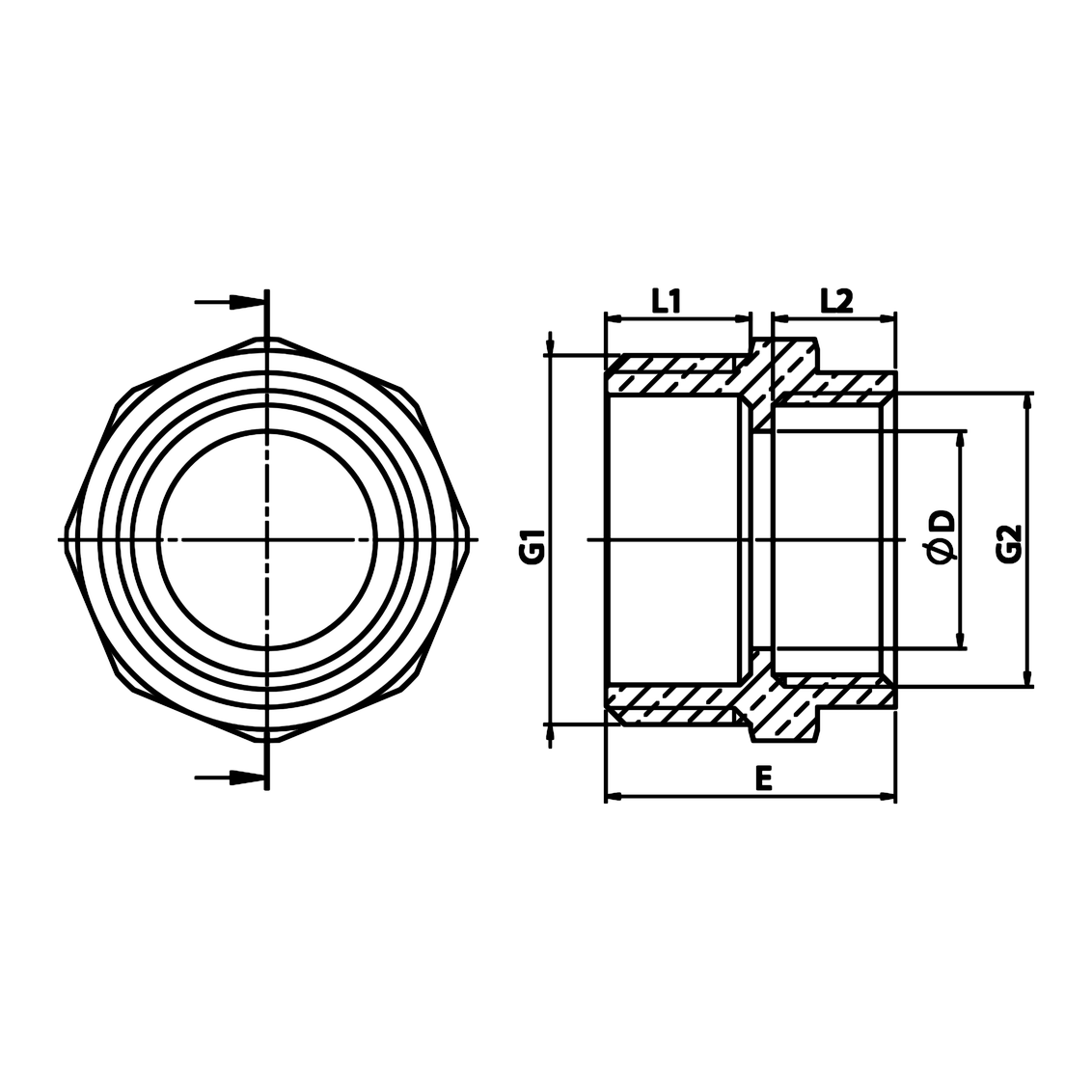 Dibujo técnico acotado: nipple reductor M/H de latón (ref. 1247)