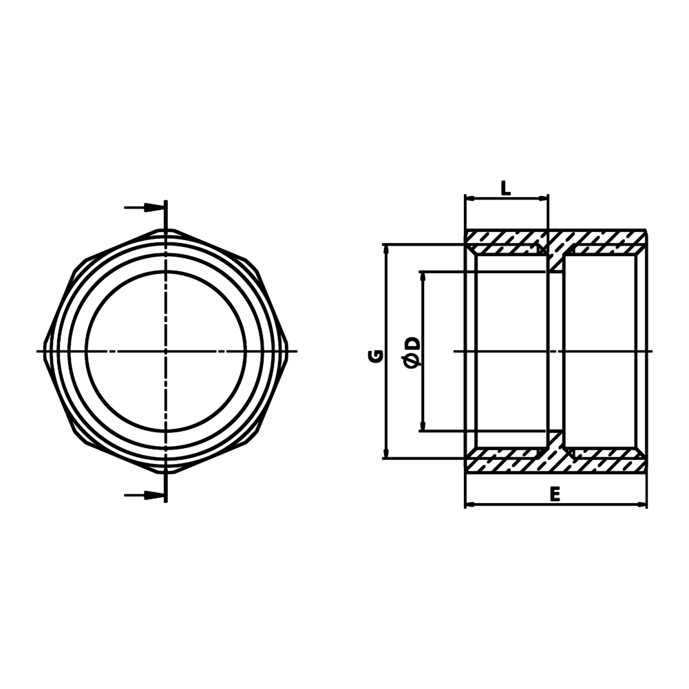 Dibujo técnico acotado: manguito H/H con tope de latón (ref. 1270)