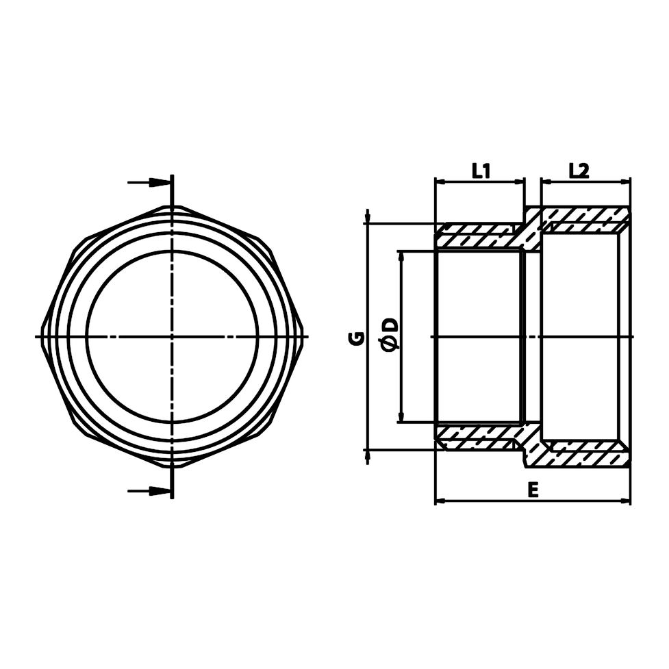 Dibujo técnico acotado: nipple igual M/H de latón (ref. 1281)