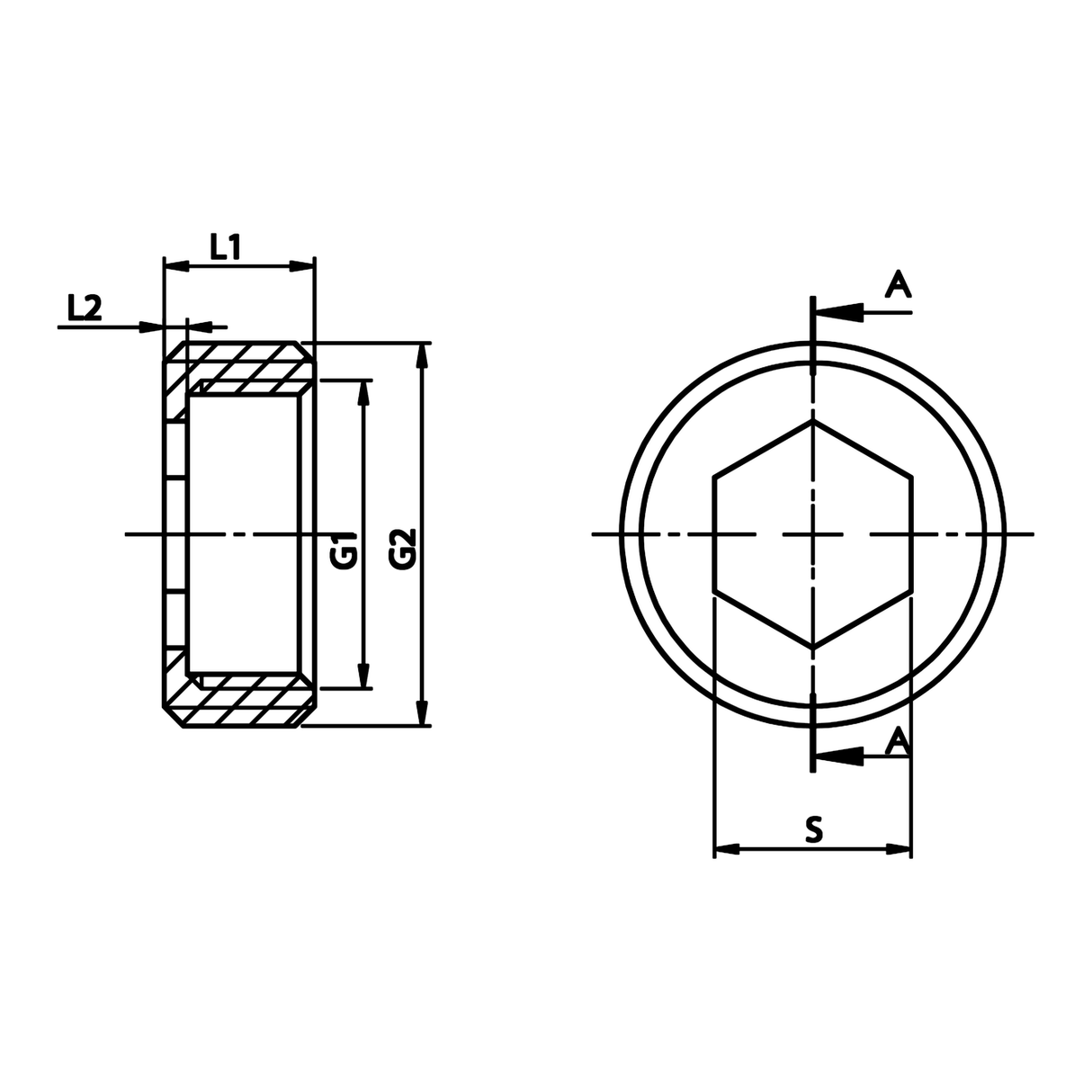 Dibujo técnico acotado: casquillo reductor M/H de latón (ref. 1605)