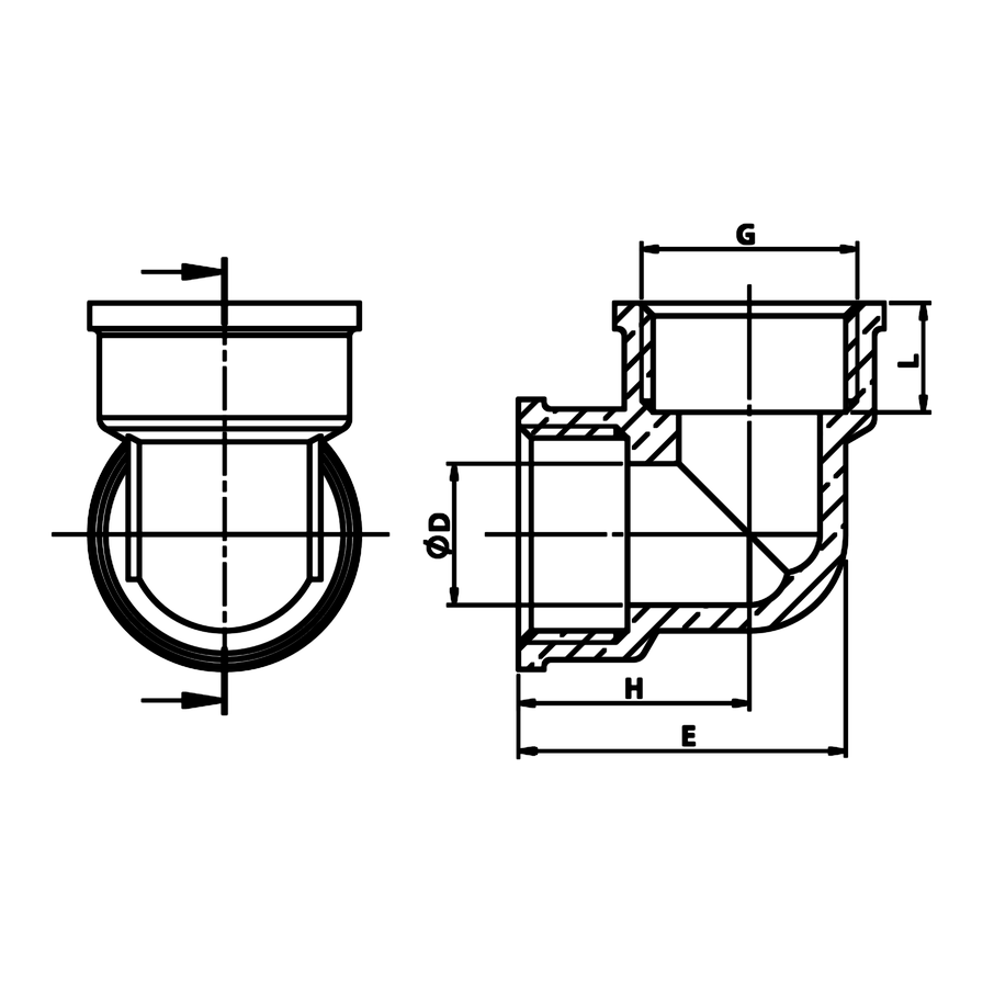 Dibujo técnico acotado: codo 90° H/H de latón (ref. 2090)