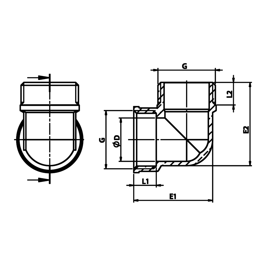 Dibujo técnico acotado: codo 90° M/H de latón (ref. 2092)