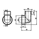 Dibujo técnico acotado: codo reductor H/M de latón (ref. 2093)