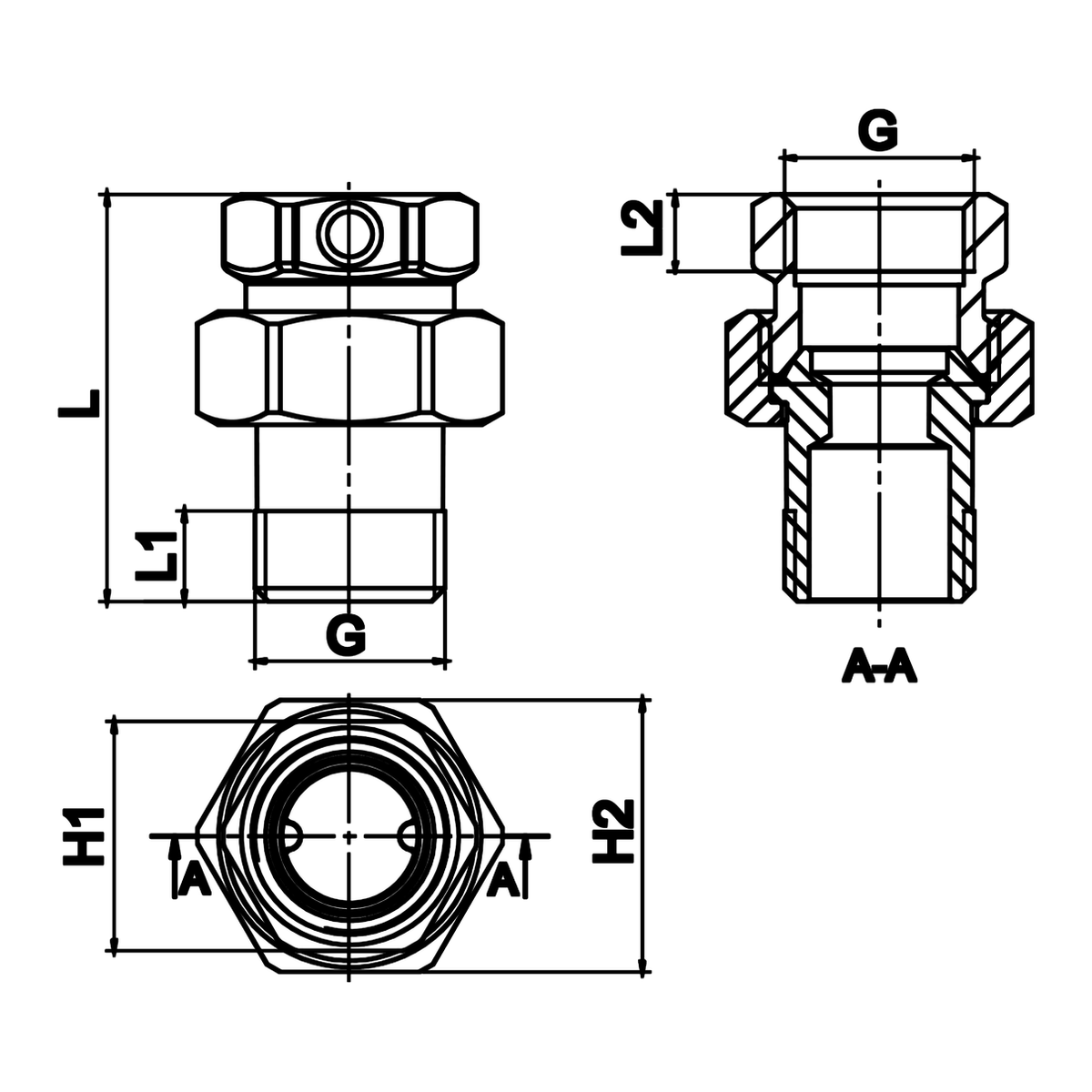 Dibujo técnico acotado: unión recta M/H con asiento cónico de latón (ref. 222)