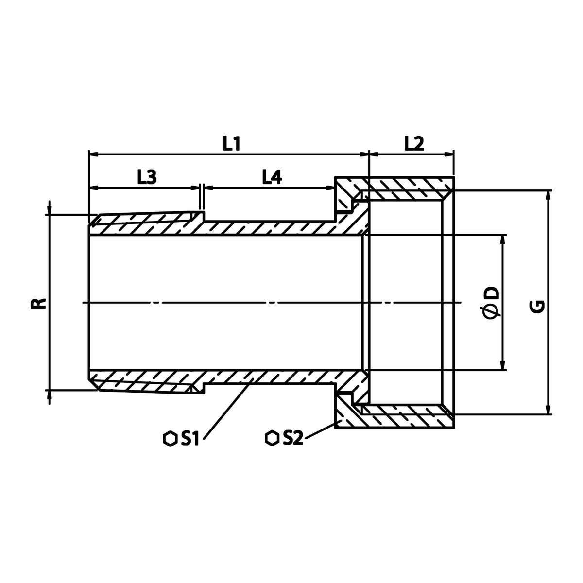 Dibujo técnico acotado: medio racor unión para contador de latón, rosca cónica R (ref. 2309)