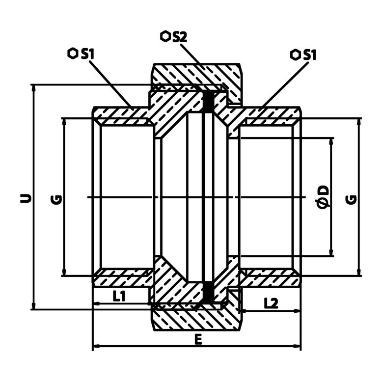 Dibujo técnico acotado: unión de asiento plano H/H con junta EPDM de latón (ref. 2330)