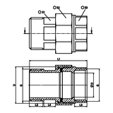 Dibujo técnico acotado: unión de asiento plano M/H con junta EPDM de latón (ref. 2331)