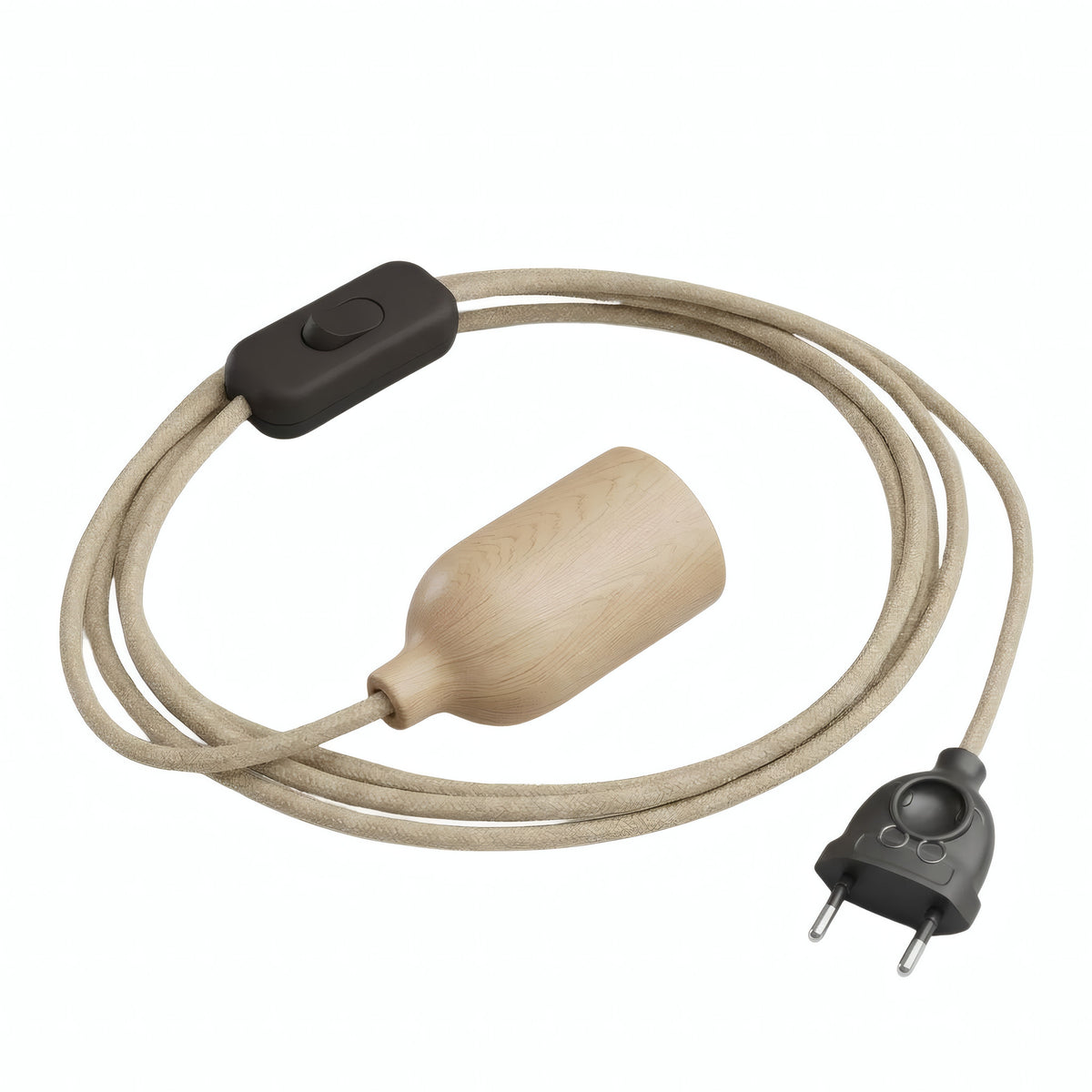 Lámpara colgante de cable textil de yute, portalámparas de madera y enchufe, otra vista