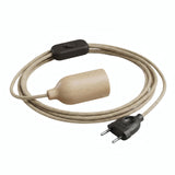 Lámpara colgante de cable textil de yute, portalámparas de madera y enchufe, otra vista de perfil