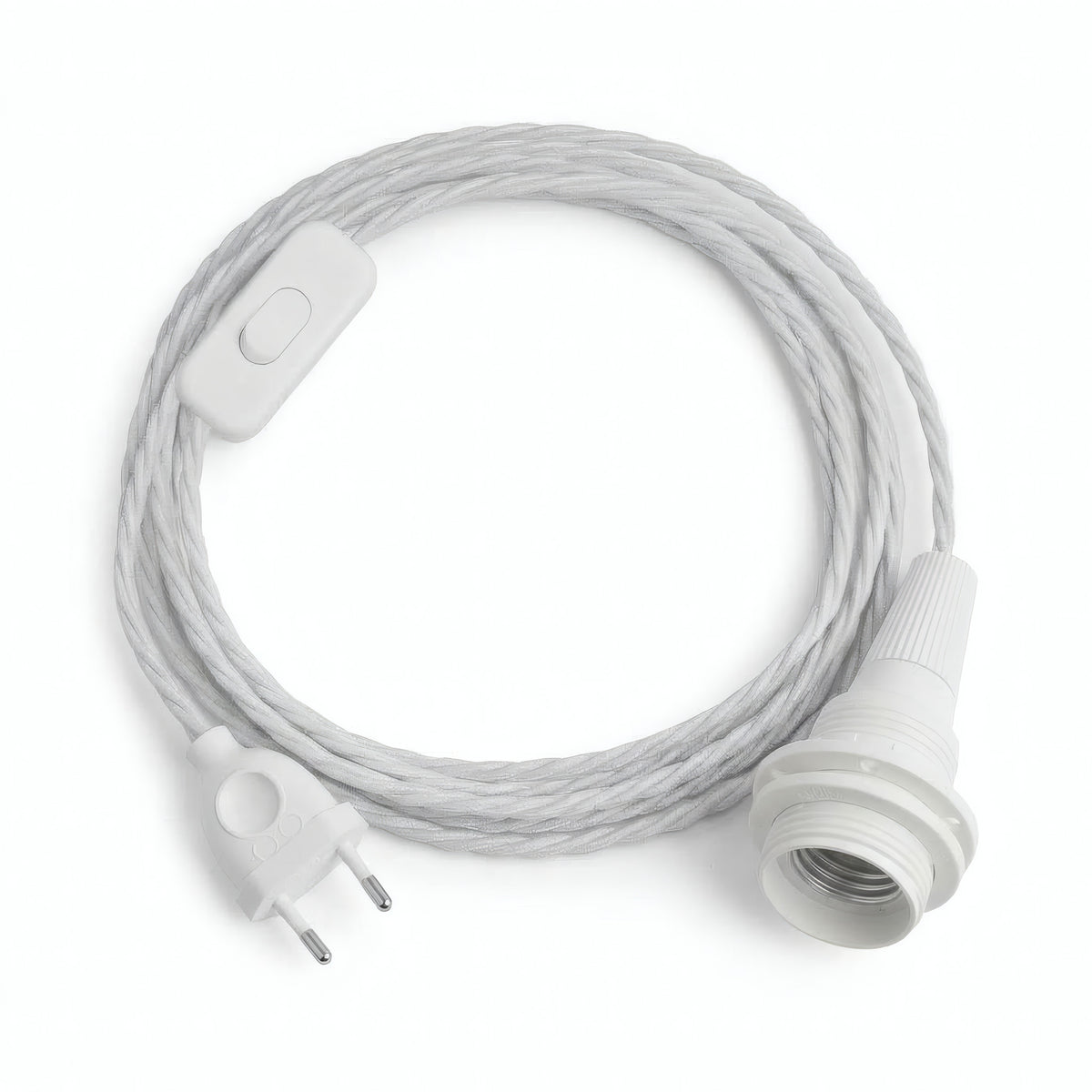 Lámpara colgante de cable textil trenzado, algodón blanco óptico, portalámparas E14 con anillos para pantalla