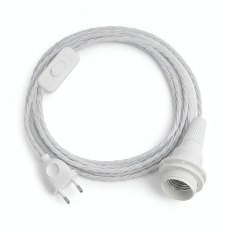 Lámpara colgante de cable textil trenzado, algodón blanco óptico, portalámparas E14 con anillos para pantalla