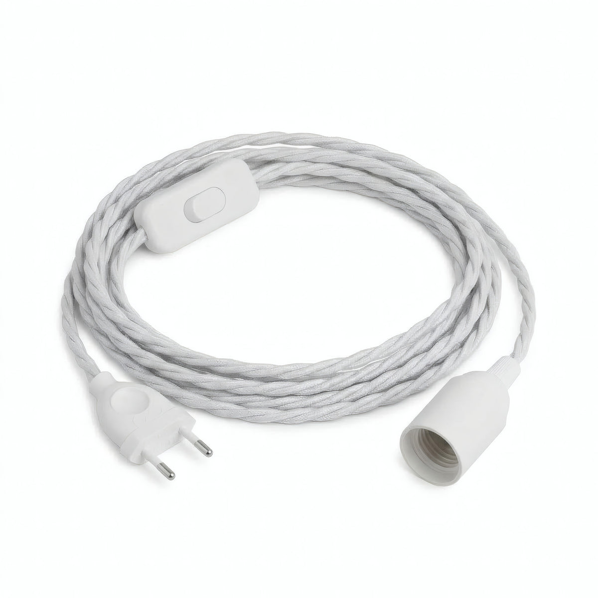 Lámpara colgante de cable textil trenzado, algodón blanco óptico, portalámparas E14