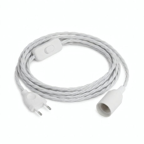 Lámpara colgante de cable textil trenzado, algodón blanco óptico, portalámparas E14