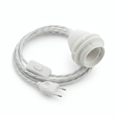 Lámpara colgante de cable textil trenzado, algodón blanco óptico, portalámparas E27 con anillos para pantalla