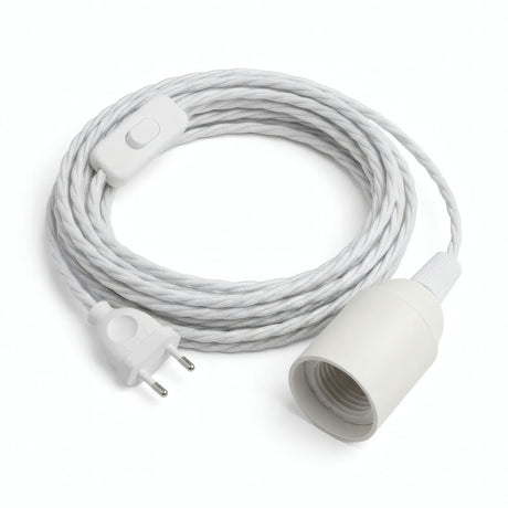 Lámpara colgante de cable textil trenzado, algodón blanco óptico, portalámparas E27