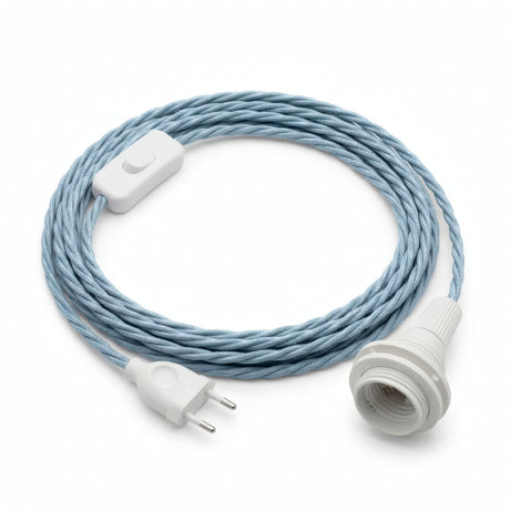Lámpara colgante de cable textil trenzado, algodón azul océano, portalámparas E14 con anillos para pantalla