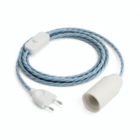 Lámpara colgante de cable textil trenzado, algodón azul océano, portalámparas E14