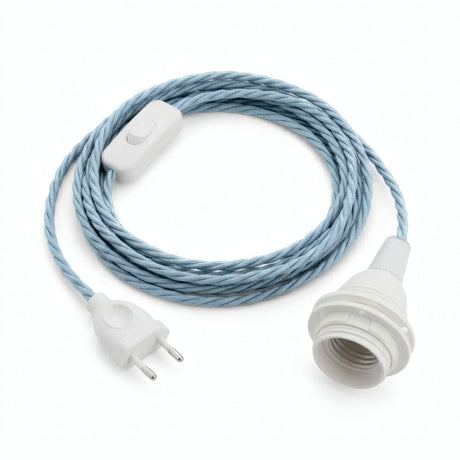Lámpara colgante de cable textil trenzado, algodón azul océano, portalámparas E27 con anillos para pantalla