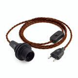 Lámpara colgante de cable textil trenzado, algodón marrón canela, portalámparas E14 con anillos para pantalla