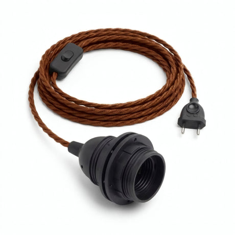 Lámpara colgante de cable textil trenzado, algodón marrón canela, portalámparas E27 con anillos para pantalla