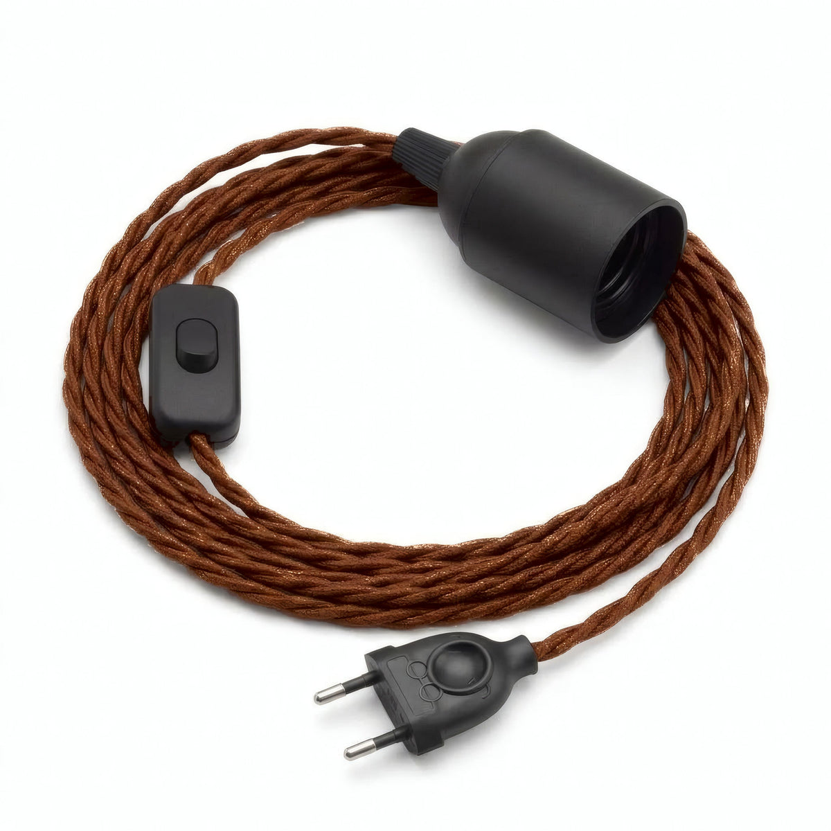 Lámpara colgante de cable textil trenzado, algodón marrón canela, portalámparas E27
