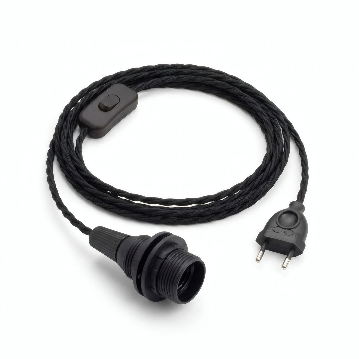 Lámpara colgante de cable textil trenzado, algodón negro carbón, portalámparas E14 con anillos para pantalla