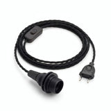 Lámpara colgante de cable textil trenzado, algodón negro carbón, portalámparas E14 con anillos para pantalla