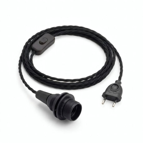Lámpara colgante de cable textil trenzado, algodón negro carbón, portalámparas E14 con anillos para pantalla