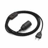 Lámpara colgante de cable textil trenzado, algodón negro carbón, portalámparas E14