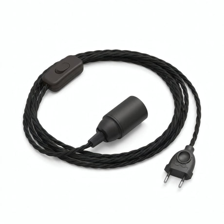 Lámpara colgante de cable textil trenzado, algodón negro carbón, portalámparas E14