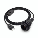 Lámpara colgante de cable textil trenzado, algodón negro carbón, portalámparas E27 con anillos para pantalla