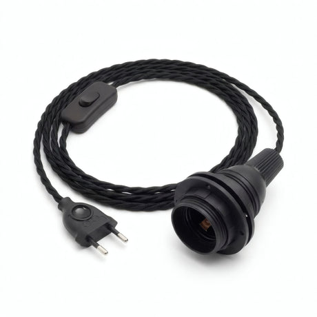 Lámpara colgante de cable textil trenzado, algodón negro carbón, portalámparas E27 con anillos para pantalla
