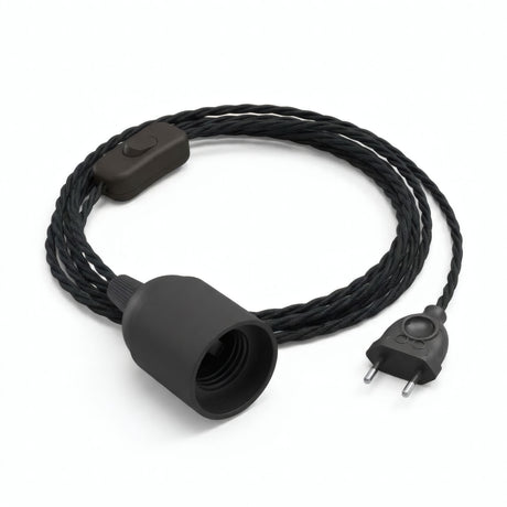 Lámpara colgante de cable textil trenzado, algodón negro carbón, portalámparas E27