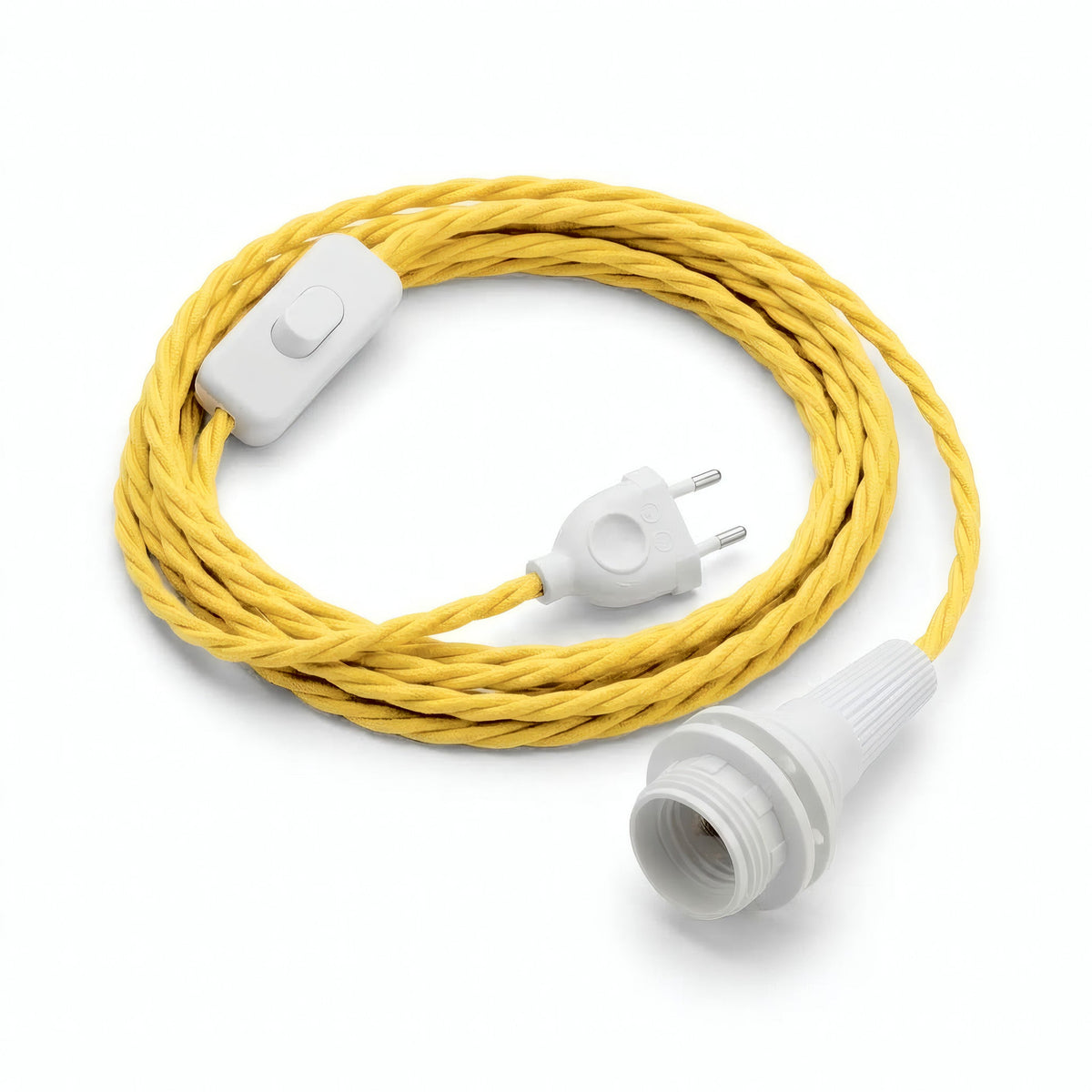 Lámpara colgante de cable textil trenzado, efecto seda amarillo maíz, portalámparas E14 con anillos para pantalla