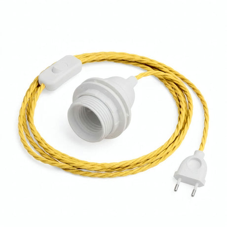 Lámpara colgante de cable textil trenzado, efecto seda amarillo maíz, portalámparas E27 con anillos para pantalla