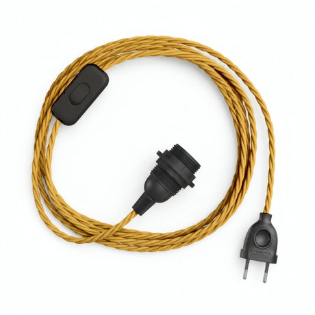 Lámpara colgante de cable textil trenzado, efecto seda amarillo mostaza, portalámparas E14 con anillos para pantalla
