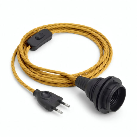 Lámpara colgante de cable textil trenzado, efecto seda amarillo mostaza, portalámparas E27 con anillos para pantalla