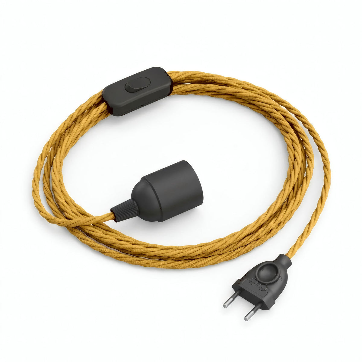 Lámpara colgante de cable textil trenzado, efecto seda amarillo mostaza, portalámparas E27