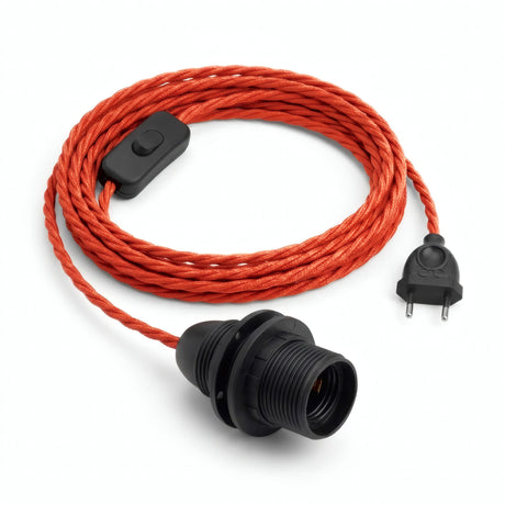 Lámpara colgante de cable textil trenzado, efecto seda rojo fuego, portalámparas E14 con anillos para pantalla