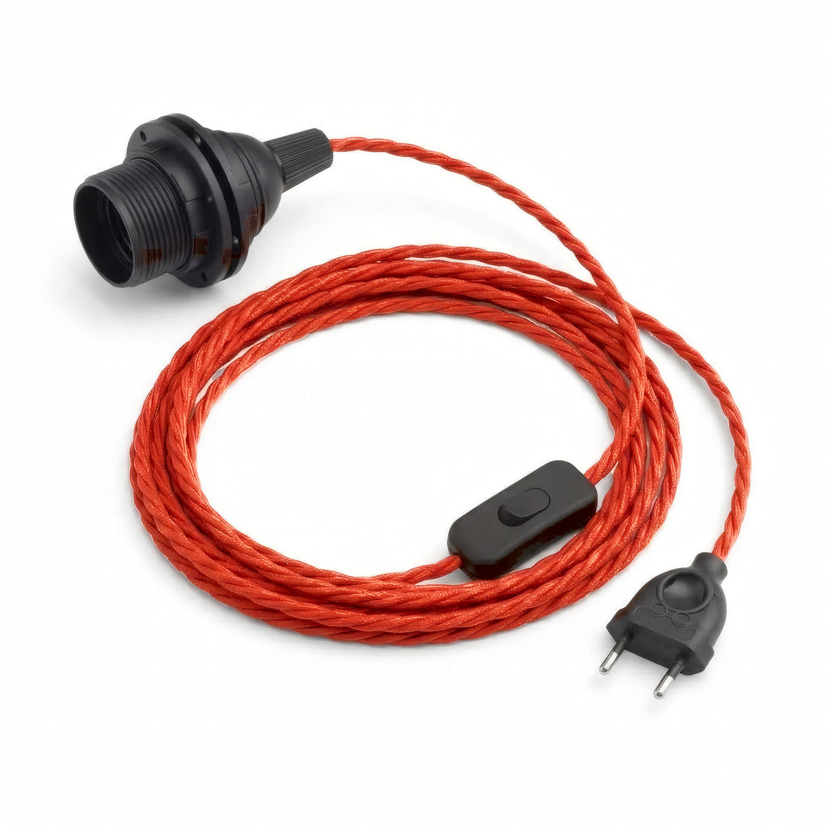 Lámpara colgante de cable textil trenzado, efecto seda rojo fuego, portalámparas E27 con anillos para pantalla
