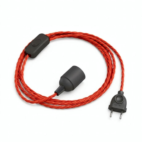 Lámpara colgante de cable textil trenzado, efecto seda rojo fuego, portalámparas E27