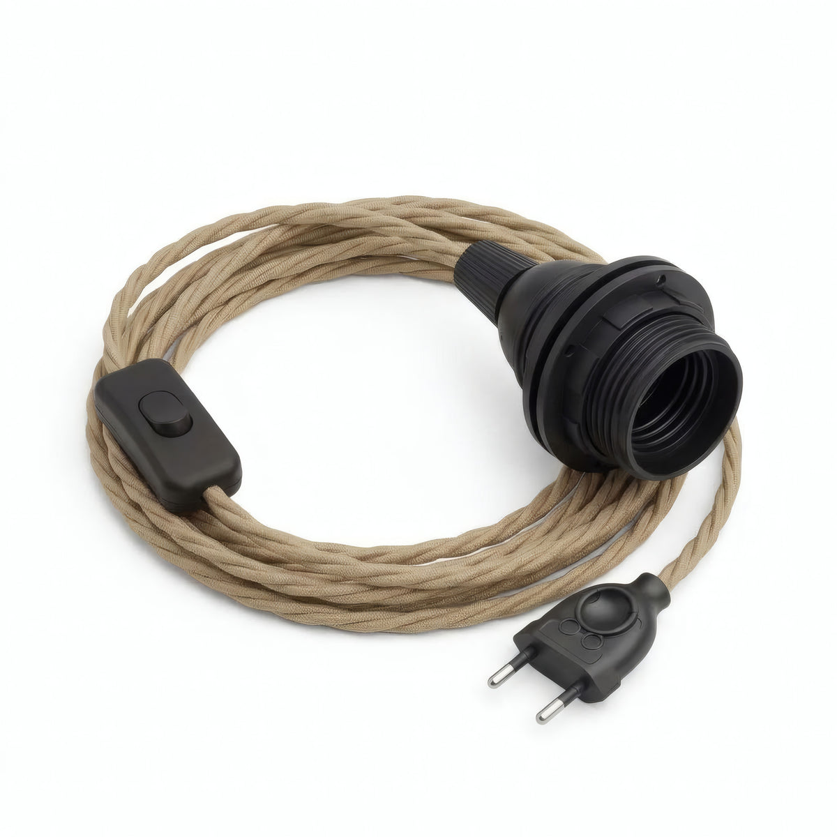 Lámpara colgante de cable textil trenzado, yute natural, portalámparas E27 con anillos para pantalla