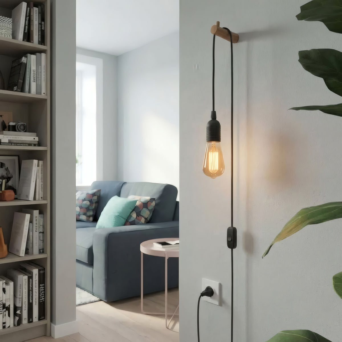 Lámpara colgante de cable textil liso, en ambiente