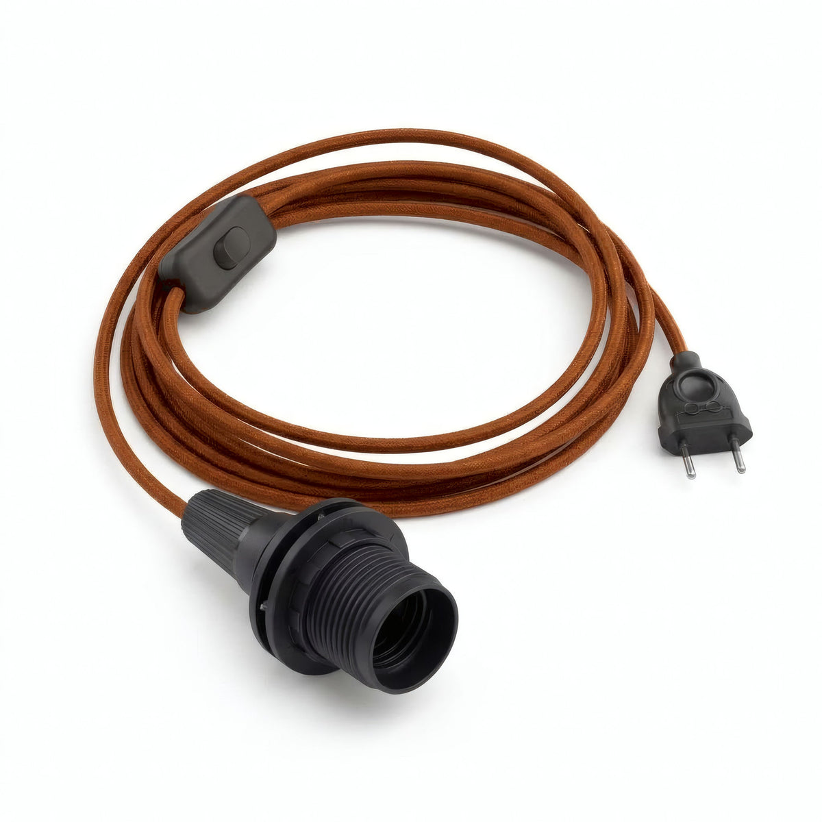 Lámpara colgante de cable textil liso, algodón marrón canela, portalámparas E14 con anillos para pantalla