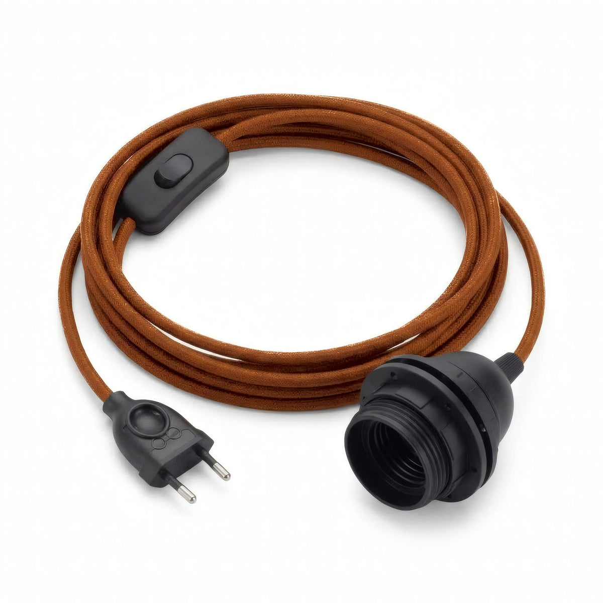 Lámpara colgante de cable textil liso, algodón marrón canela, portalámparas E27 con anillos para pantalla