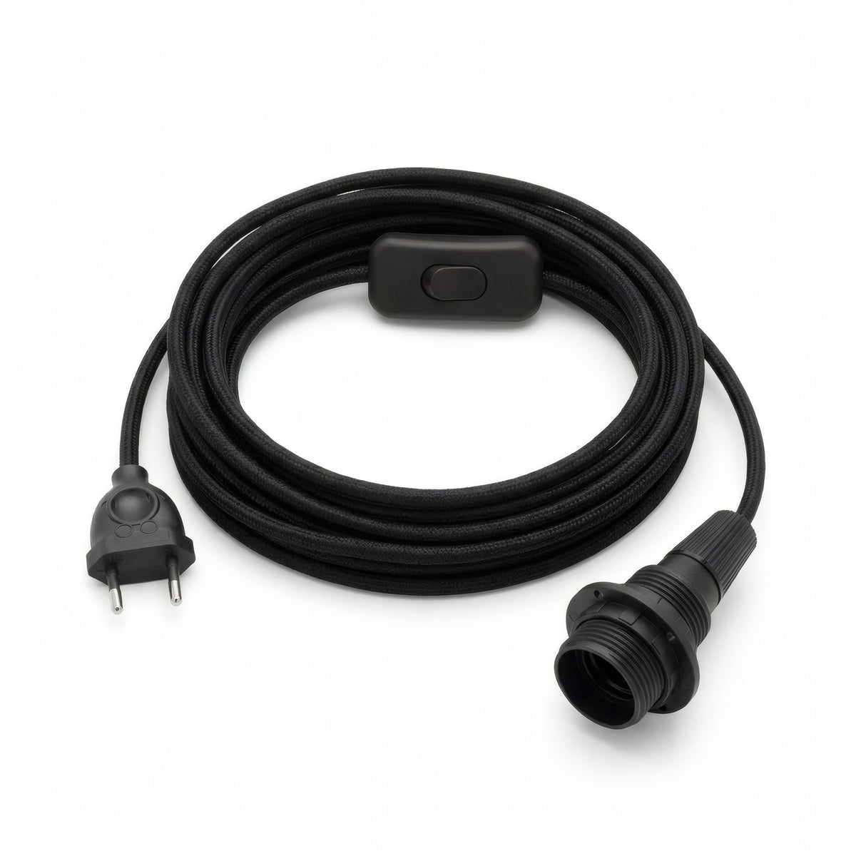 Lámpara colgante de cable textil liso, algodón negro carbón, portalámparas E14 con anillos para pantalla