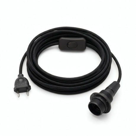 Lámpara colgante de cable textil liso, algodón negro carbón, portalámparas E14 con anillos para pantalla