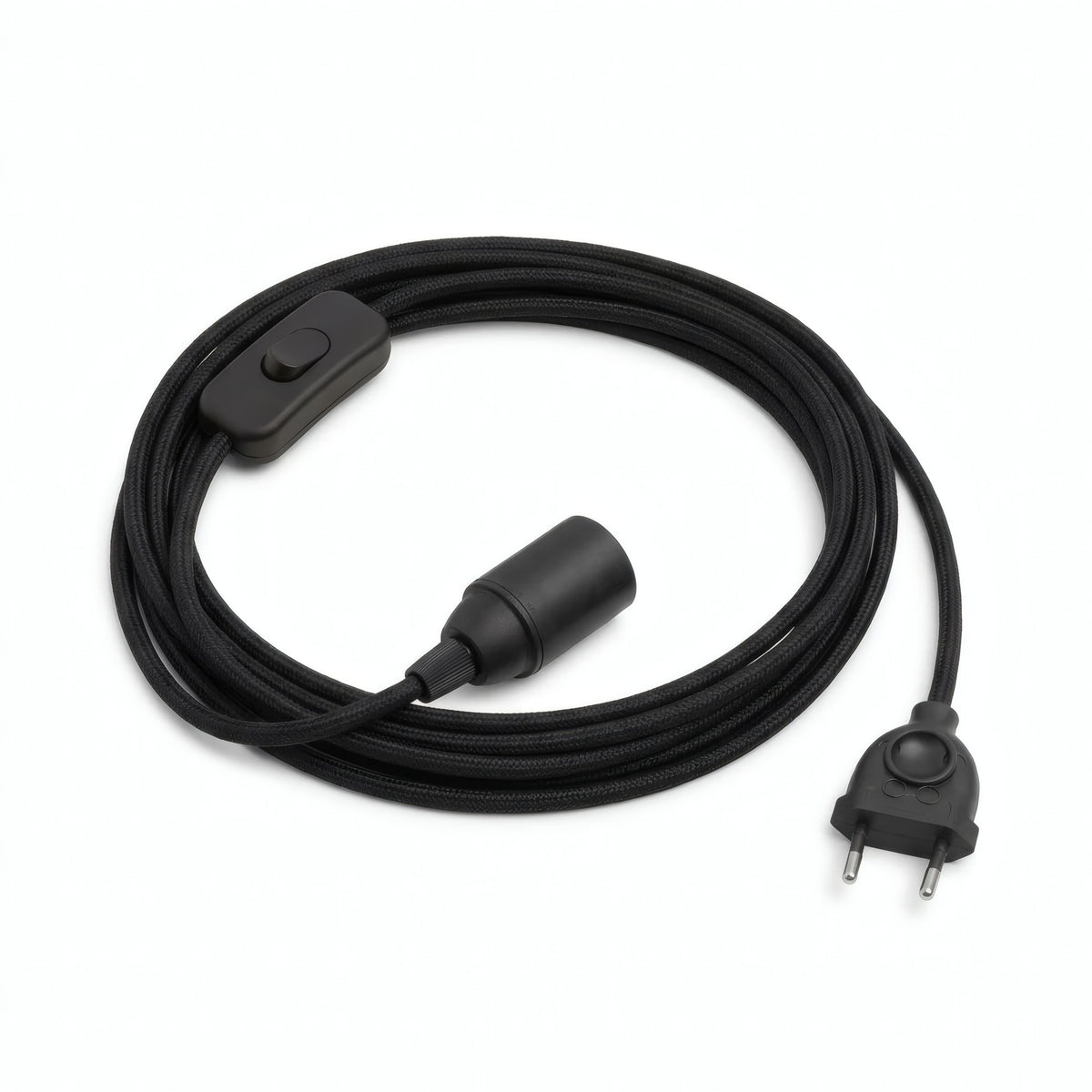 Lámpara colgante de cable textil liso, algodón negro carbón, portalámparas E14