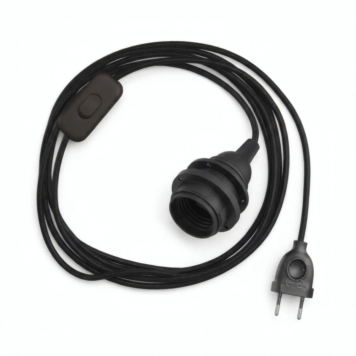 Lámpara colgante de cable textil liso, algodón negro carbón, portalámparas E27 con anillos para pantalla